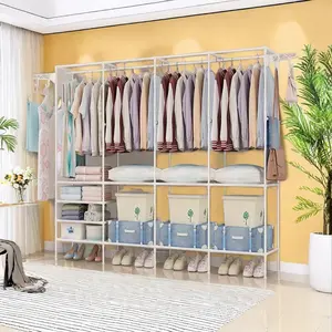 Portable Closet Organizer with Hanging Rails and Shelves, Space-Saving Multi-Layer Wardrobe Storage Rack for Clothes Shoes Accessories
