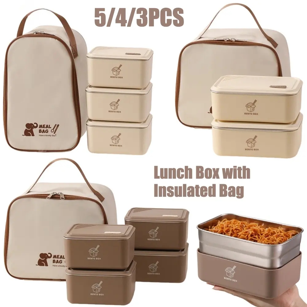 5Pcs/4Pcs/3Pcs Multifunctional Food Storage Containers, Bento Box Adult Lunch Box, 304 Stainless Steel Lunch box with Insulation Bag, Leakproof Insulated Lunchbox, Ideal for Work Picnic Travel, Office & Outdoor