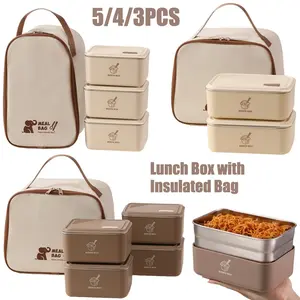 5Pcs/4Pcs/3Pcs Multifunctional Food Storage Containers, Bento Box Adult Lunch Box, 304 Stainless Steel Lunch box with Insulation Bag, Ideal for Work Picnic Travel, Office & Outdoor