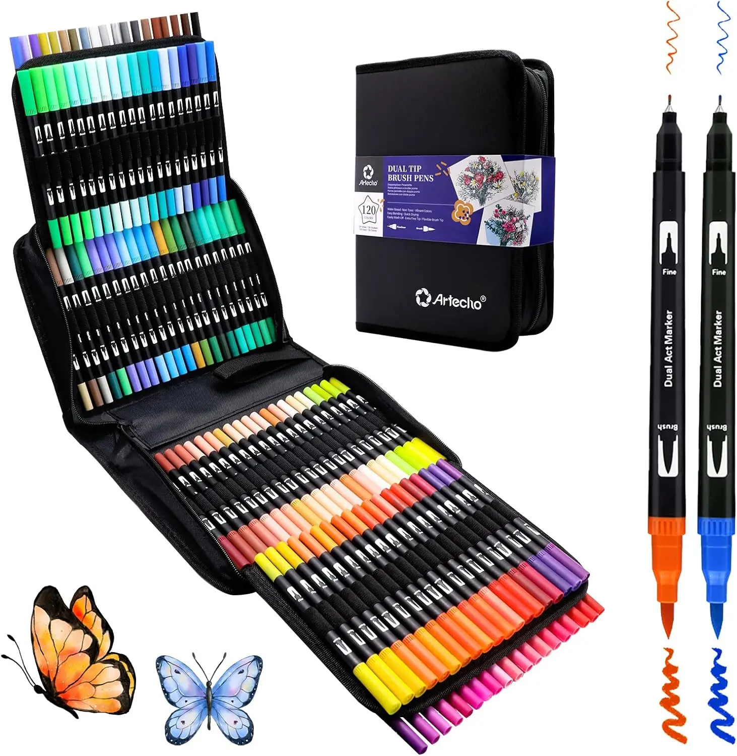 【GIFT SET】Artecho Dual Tip Brush Pens, Coloring Markers, No Bleeding, Fine and Brush Tip Markers, Calligraphy, Drawing, Sketching, brushmarkers