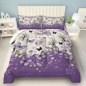 3pcs Night Butterfly Flower Pattern Quilt Set, HD Digital Print, Skin-Friendly Breathable Bedding, Soft Bedding Sets, Polyester Fiber, Perfect Gift
