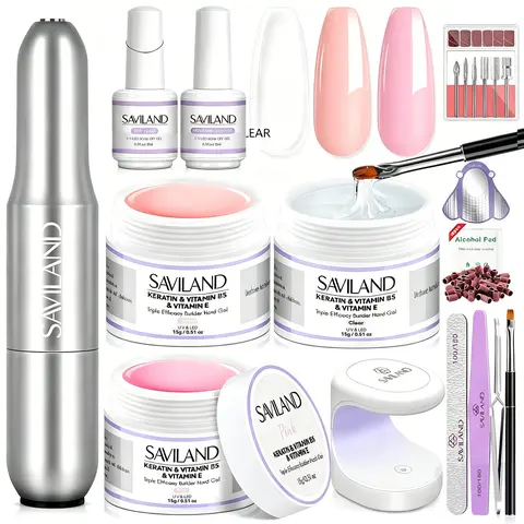 SAVILAND Builder Gel Set: 3 Pcs Hard Gel in Clear & Pink Nudes UV Lamp Nail Brush & Strengthener Gel Perfect for DIY Nail Extensions & Shaping summervibes