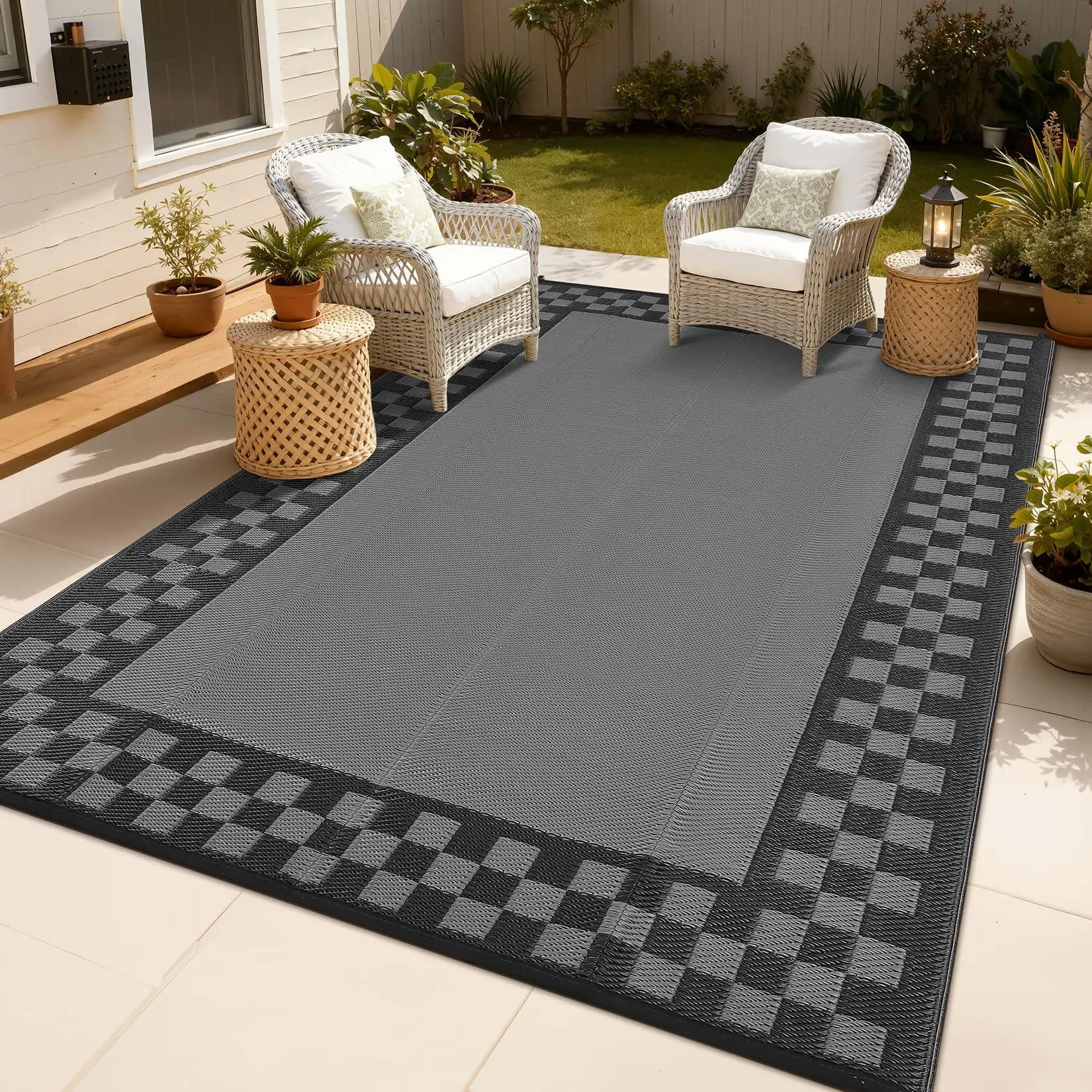 GARVEE 8x10 Grey Rectangular Checkered Outdoor Rug - Waterproof, Reversible, Foldable Plastic Straw Mat for Patio, RV