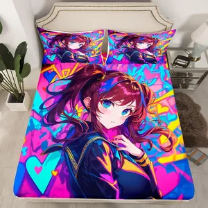 Anime Girl Fitted Sheet,Japanese Anime Bed Sheets for Kids Girls Teens Adult Bedroom,Cartoon Girl Bedding Set,Kawaii Japanese Animation Sheets ,Purple