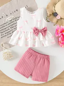 Summer Baby Girls' Sweet Casual Vest Shorts Set, Pure Color Bowknot Decor Full Print Butterfly Pattern Layered Lace Sleeveless Top + Comfortable Short Pants, Gift Sets, Outfits