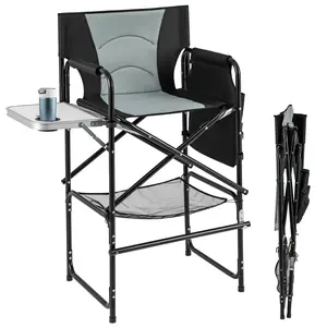 COSTWAY - 46 Inches Tall Directors Chair with Foldable Side Table and Footrest-Gray