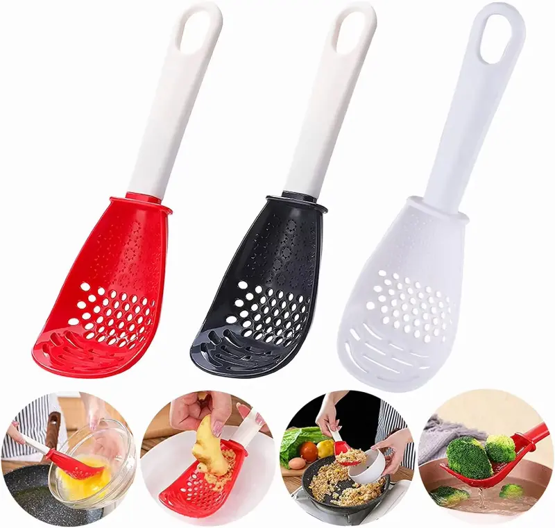 Multifunctional Slotted Spoon Black Plastic Cooking Utensils for Grinding Pressing Stir-frying Kitchen Gadget with Half-enclosed Design