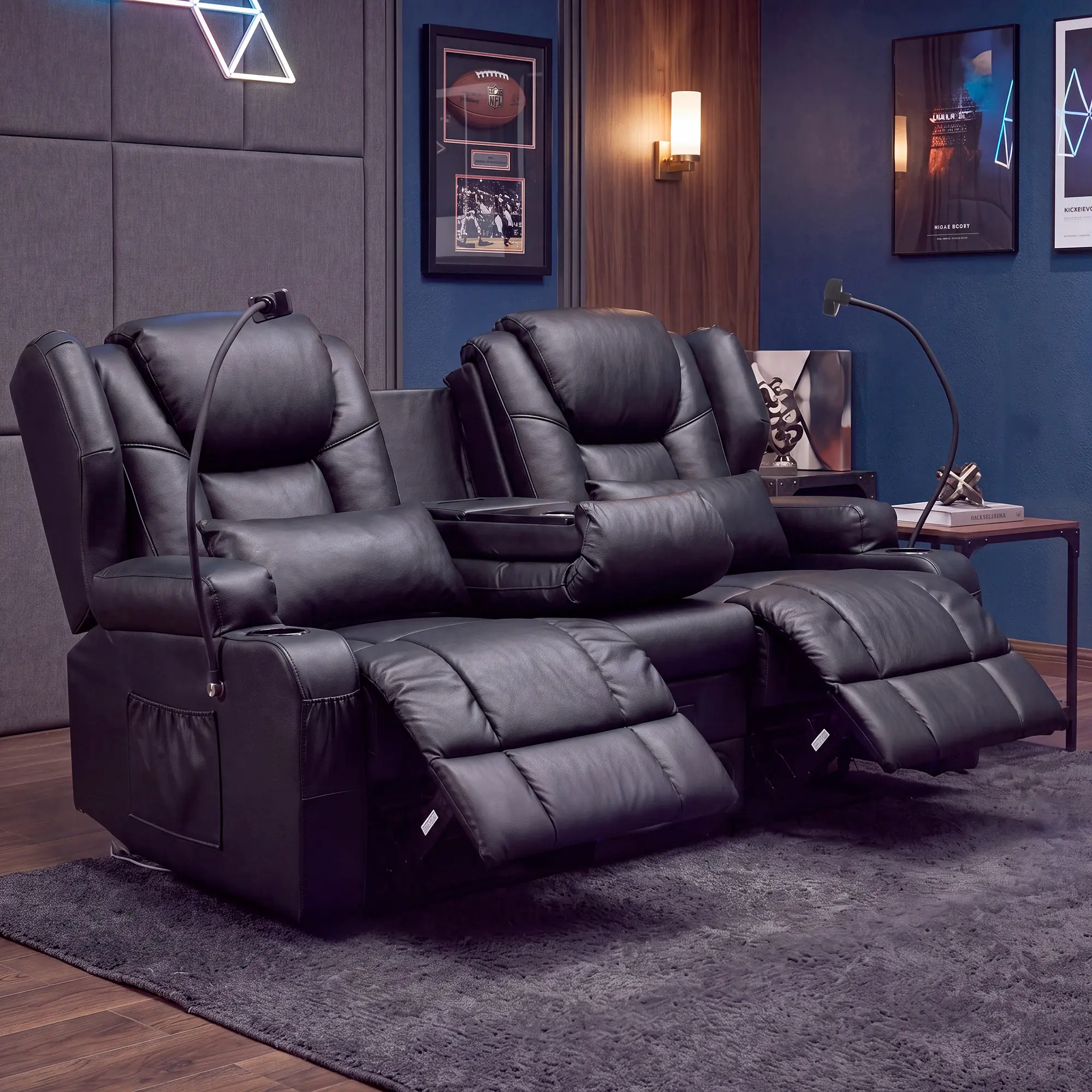 Black Manual Wall Hugger Loveseat Recliner - Indoor Living Room Furniture with Massage, Heat, Bluetooth Speakers, Cup Holders for RV, Home Theater Seating