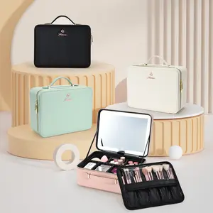 Leather Makeup Bag with Mirror and Light Travel Makeup Train Case Portable Cosmetic Bag Organizer with Adjustable Dividers Brushes Holder