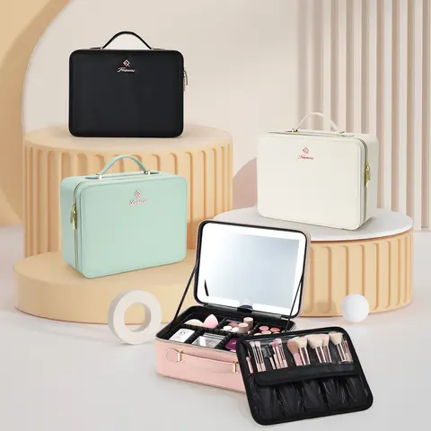 Leather Makeup Bag with Mirror and Light Travel Makeup Train Case Portable Cosmetic Bag Organizer with Adjustable Dividers Brushes Holder