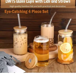 Glass Cups with Lids and Straws 4 pcs 16oz Drinking Glasses Set for Coffee Bar Accessories Iced Coffee Cups with Lids Matcha Cup Glass Tumbler Reusable for Gifts