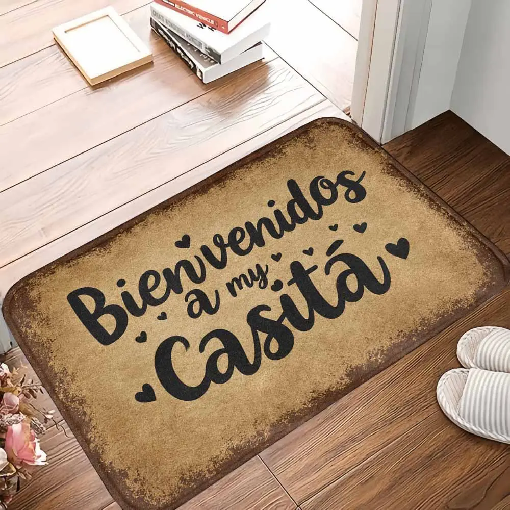 Spanish Greeting Letters Pattern Doormat - Anti Slip Polyester/Rubber Front Door Mat with Rounded Edges, Machine Washable Durable Easy-Clean Home Decor for Entryway Porch, Housewarming Gift Option