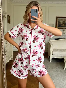 Women's Dr.Pepper Sleepwear Set, Pajama Set, Short Sleeve Lapel Button-Up Top & Elastic Shorts, All-Season Comfortable