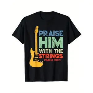 Funny Graphic Tee,Praise Him With The Strings Summer T-Shirt Round Neck 100% Cotton T-Shirt Short Sleeve Women Men Family T-Shirt Funny Gift T-Shirt Regular Fit Comfortable Stretch Fabric All-Season Wear Cotton T Shirts, Shortsleeve, Casual