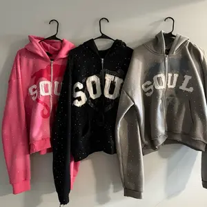 Soul Threads Rhinestone Sweatsuits - Pink Black & Grey Hoodies with Sparkling Rhinestones and "SOUL" Text Design Womenswear