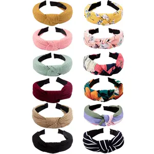 Set of 12 Knotted Headbands for Women - Wide Boho Bandeau Knot Turban Headbands - Elastic Hair Accessories