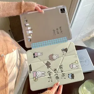iPad Protective Case for 10.2/10.9/11 Inch, Milk Miffy Rabbit Print, Transparent Anti-Drop, Full Coverage, Pen Slot, Y-Fold Stand