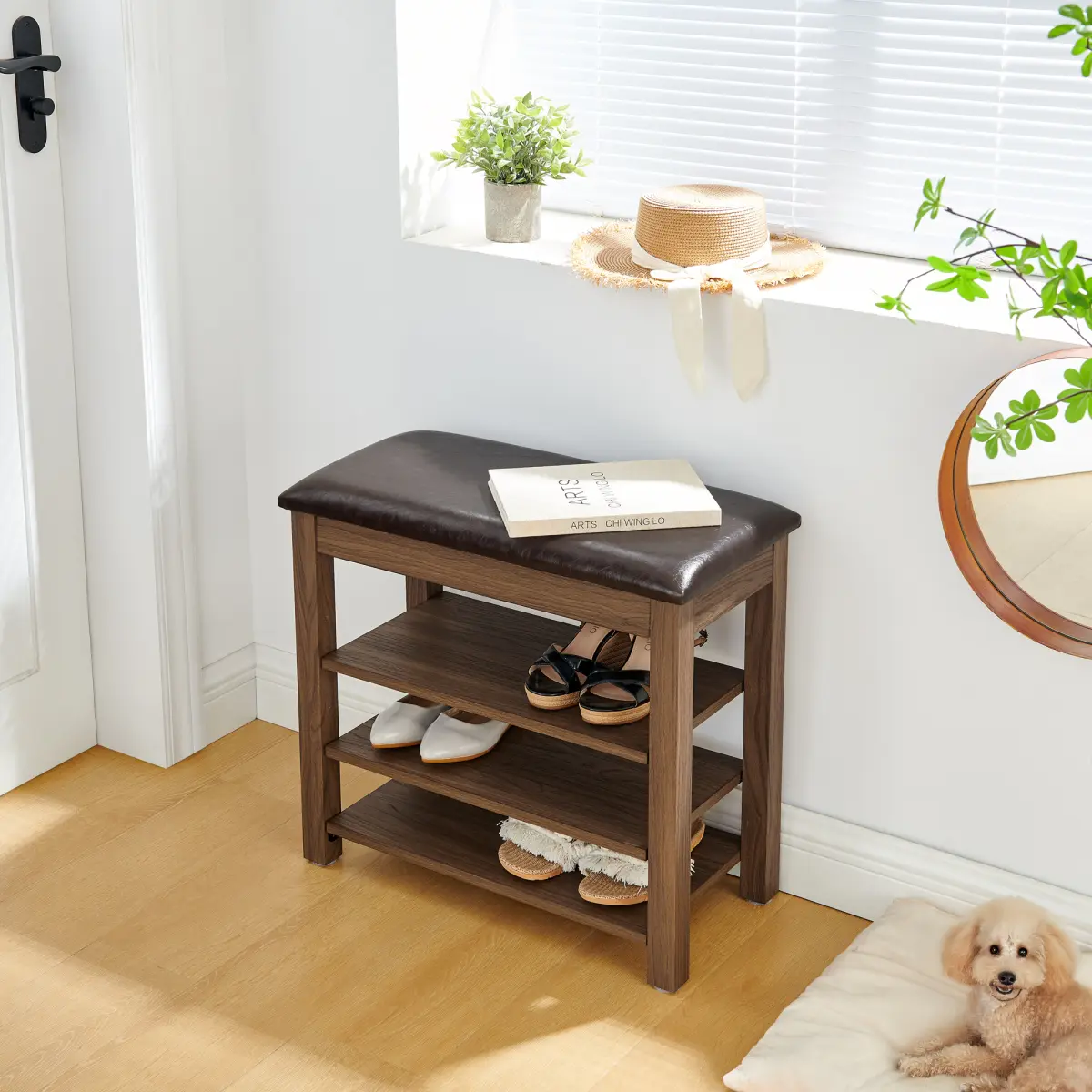 [Bellemave] 3-Tier Wood Shoe Storage Bench, Entryway Bench with Cushioned Seat & Hidden Storage