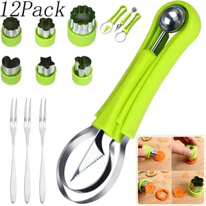 12 Pack Melon baller scoop fruit carving tools fruit cutter,4 In 1 Stainless Steel Fruit Carving Tools Set,Fruit Cutters Seed Remover,for Shaped Fruit
