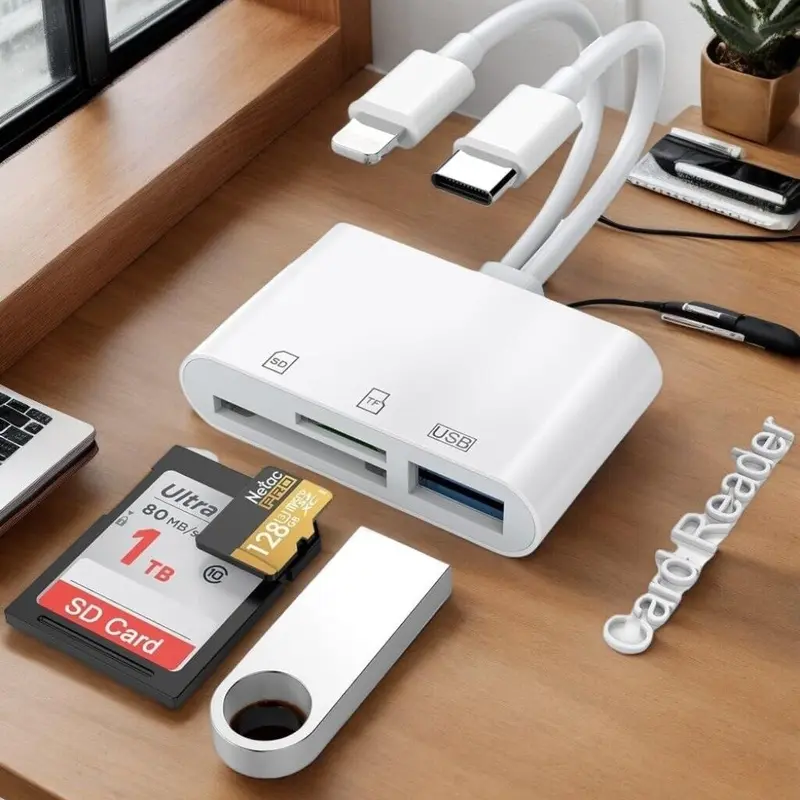 SD Card Reader for iPhone/Android Dedicated SD Card Viewer for Digital Tracking Cameras Built-in Dual Interface iOS and USB-C Card Reader Equipped with USB-A/SD/MicroSD Triple Card Slots Plug-and-Play Operation Without Applications