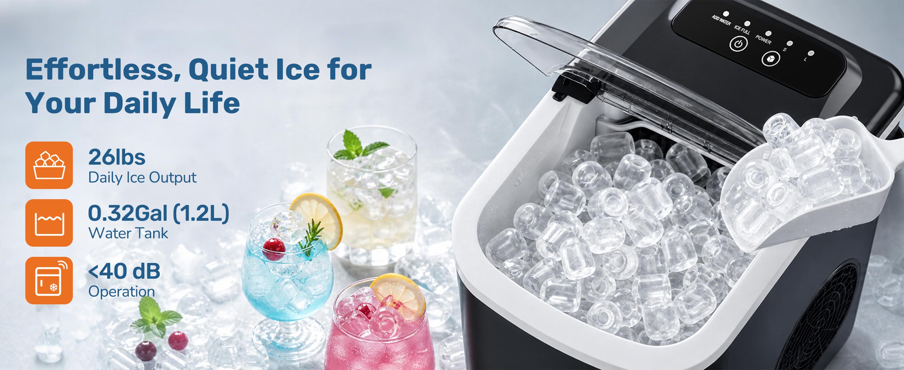Countertop Ice Maker Machine, 26lbs Daily Output Portable Ice Maker with 1.2L Water Tank, 6-8 Mins Fast Ice Making, S/L Bullet Ice Size, Low Noise Ice Machine for Home, Kitchen, Camping & Bar Party