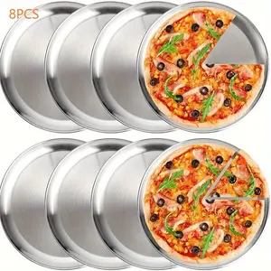 Set of 8, 10.23-Inch Thick Stainless Steel Pizza Dish, 11-Inch Round Pastry Cake Platter, Oven-Safe Baking Pizza Tray, Grill Plate, Western-Style Steak Dish, Home Dining Plate, Fruit Serving Plate, Dessert Plate That Is Safe, Sturdy