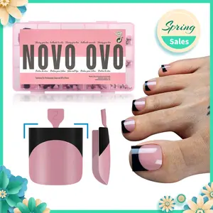 NOVO OVO Halloween Black French Tip Toe Nail Tips Press on, BERRY PINK Sharp Square Pre-Designed Soft Gel False Toenail Extension, Long / Medium Wide Fake Toenails, Full Cover Acrylic for DIY 15 Sizes 240 pcs【NO GLUE ,TOP COAT AND LAMP INCLUDED】