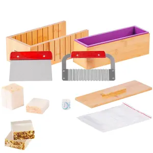 Soap Making Kit With Bamboo Cutting Box And Inner Tray, Silicone Mold, Stainless Steel Straight Cutter And Wavy Cutter, 100 Soap Bags And 105 Sticker Labels, Complete DIY Soap Making Supplies For Adults, Beginner Friendly
