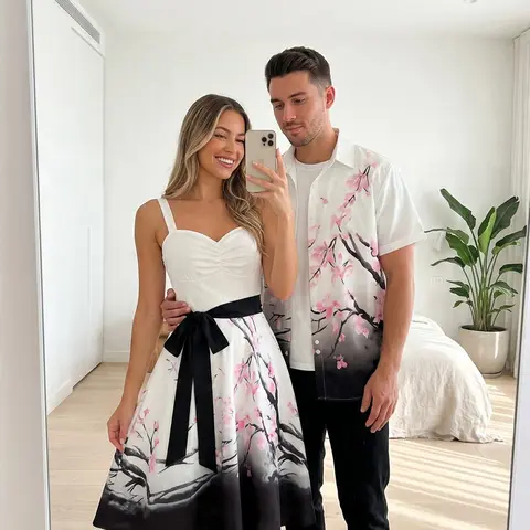 DRESSLILY Vintage Chic Couple Knitting Matching Set - Elegant Floral Print Polyester Outfits, Women's Short Belted Fitted Sweetheart Dress, Men's Regular Fit Straight Button Sleeveless Shirt, Fathersdaygift, Couple Gifts for Adults