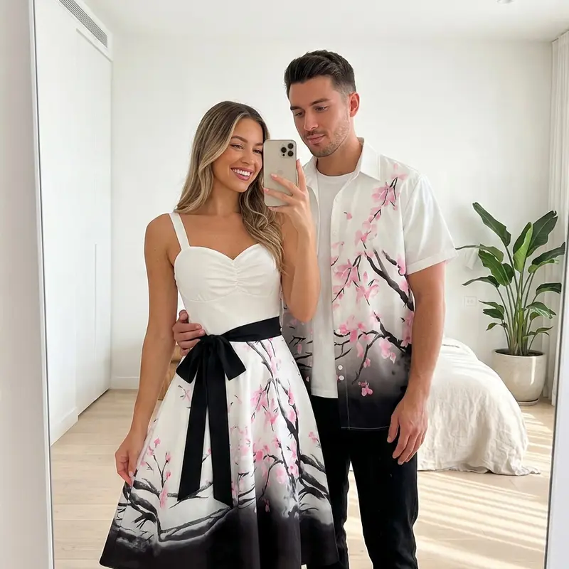 DRESSLILY Vintage Chic Couple Knitting Matching Set - Elegant Floral Print Polyester Outfits, Women's Short Belted Fitted Sweetheart Dress, Men's Regular Fit Straight Button Sleeveless Shirt, Fathersdaygift, Couple Gifts for Adults
