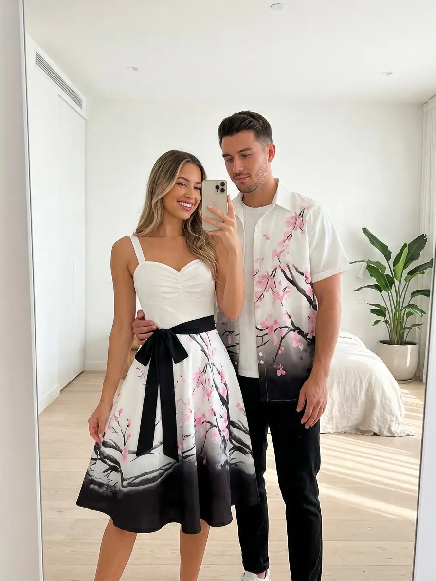 DRESSLILY His and Hers Couple Outfits, Elegant Floral Print Polyester Matching Holiday Clothes with Short Belted Dress & Regular Fit Button Shirt, Fabric, Casual, Fitted Fathersdaygift Pieces