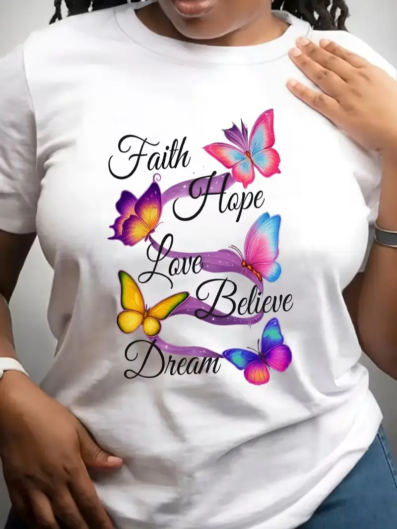 Women's "Butterfly" Print T-Shirt | Casual, loose fit; short sleeves, crew neck, pure cotton fabric; features a vibrant butterfly and floral design—a stylish T-shirt for spring, summer, and autumn