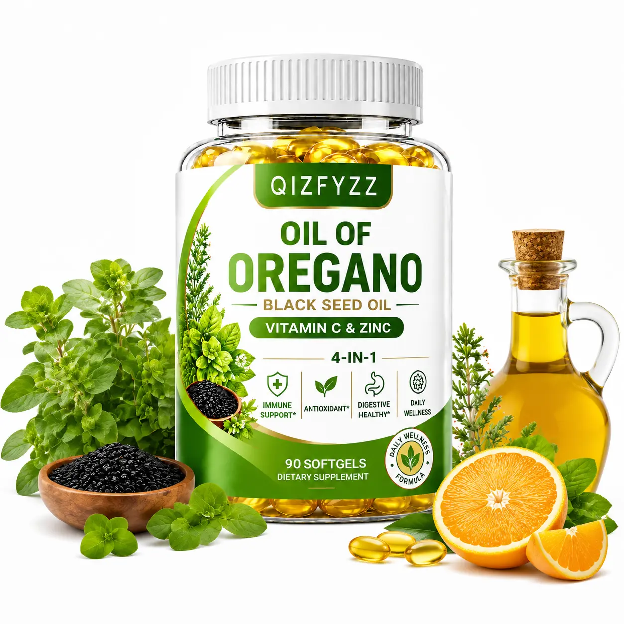 Oregano Oil Softgels with Black Seed Oil, Vitamin C & Zinc – 4-in-1 Immune Support Supplement with Antioxidant & Digestive Health Benefits, 90 Softgels