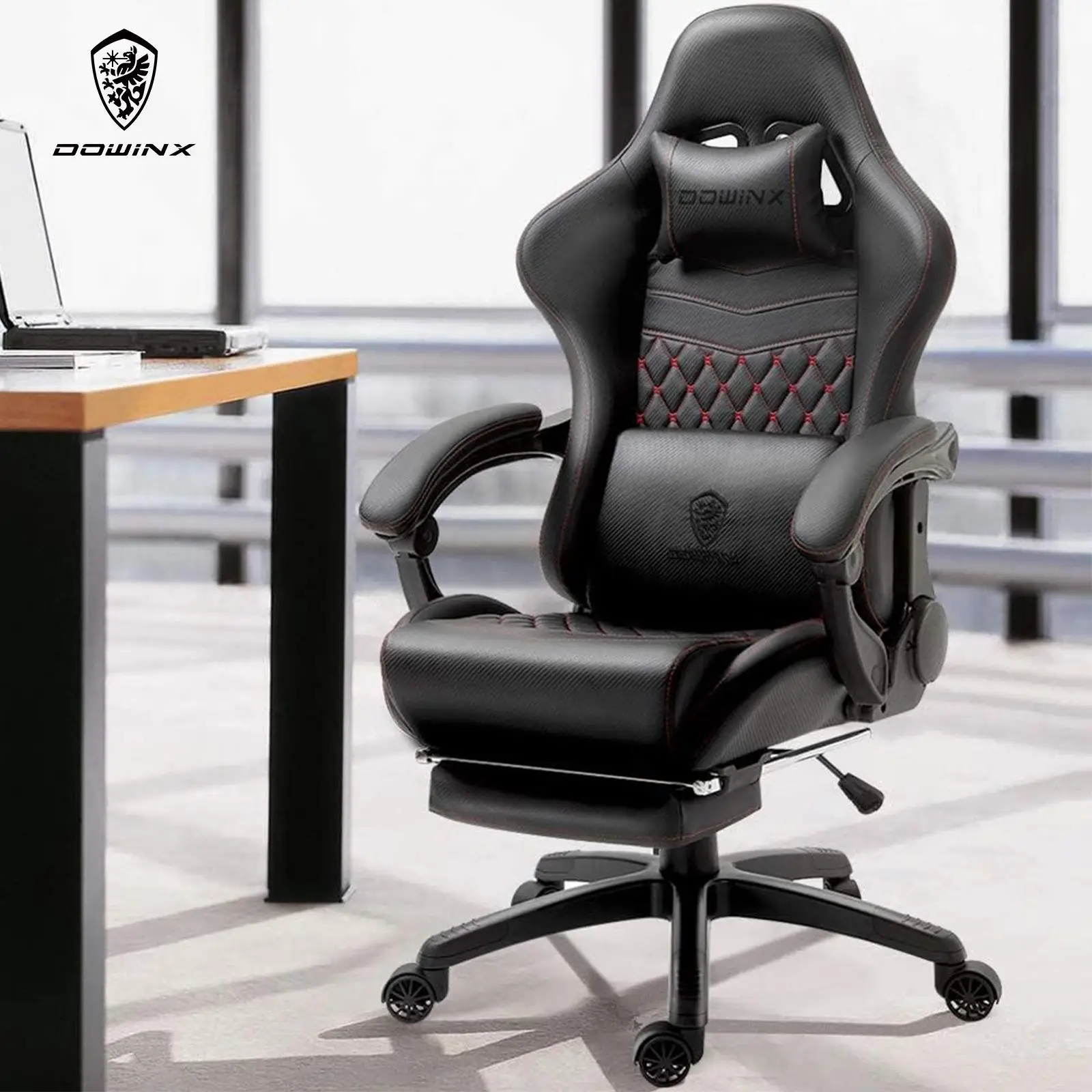 Dowinx Gaming Chair PC Chair with Massage Lumbar Support, Racing Style PU Leather High Back Adjustable Swivel Task Chair with Footrest