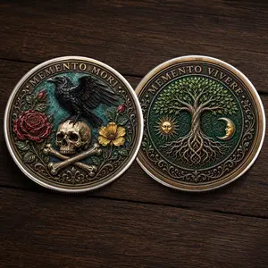 Memeto Mori Tree of Life & Skull Coin, Inspirational Motivation Stoic Daily Reminder Coin Chip Appreciation Keepsake Gift