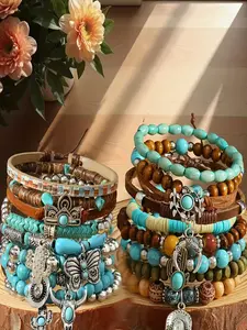 Boho Style Cactus Cow Head Butterfly Hat Bracelet Set, Unisex Hand Chain Jewelry, Stackable Bracelets, 18pcs Bohemian Accessories for Men & Women