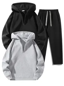 Men's Solid Half Zip Hoodie & Pants Set, Casual Regular Fit Long Sleeve Hooded Sweatshirt & Straight Leg Pants, Men's Fall & Winter Clothes, Athleisure Style