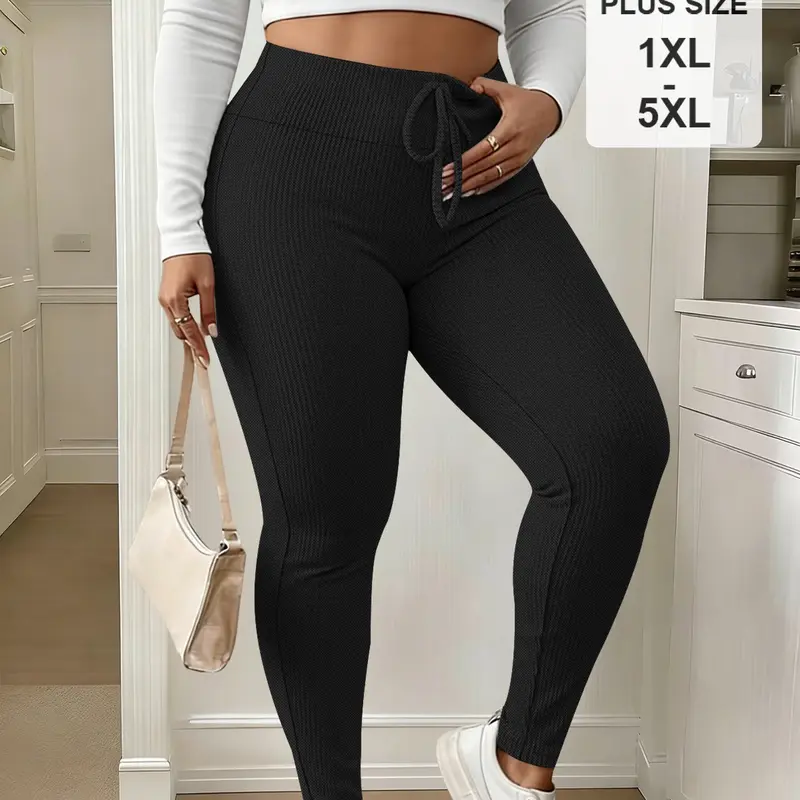 Women's Textured Fashion Fitted Tight Pants, High Waist Ribbed Design, Belted Waist, Plus Size Available, Suitable for Daily Commute and Outdoor Activities, Casual High Waist Leggings, High Waisted Leggings