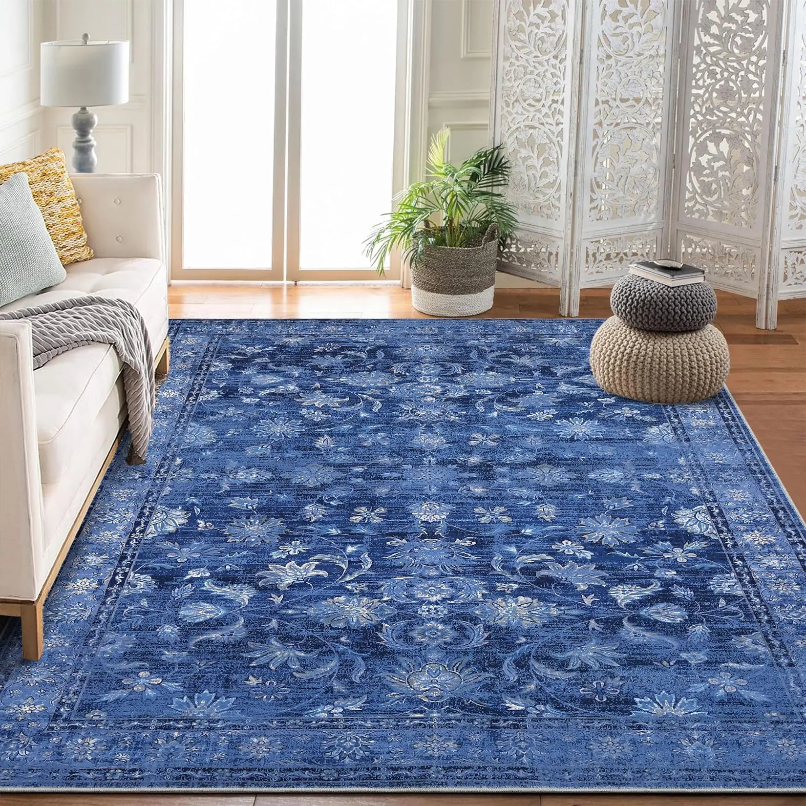 Garvee Area Rug Vintage Persian Distressed Carpet Machine Washable For Living Room Bedroom, 8' x 10' Blue