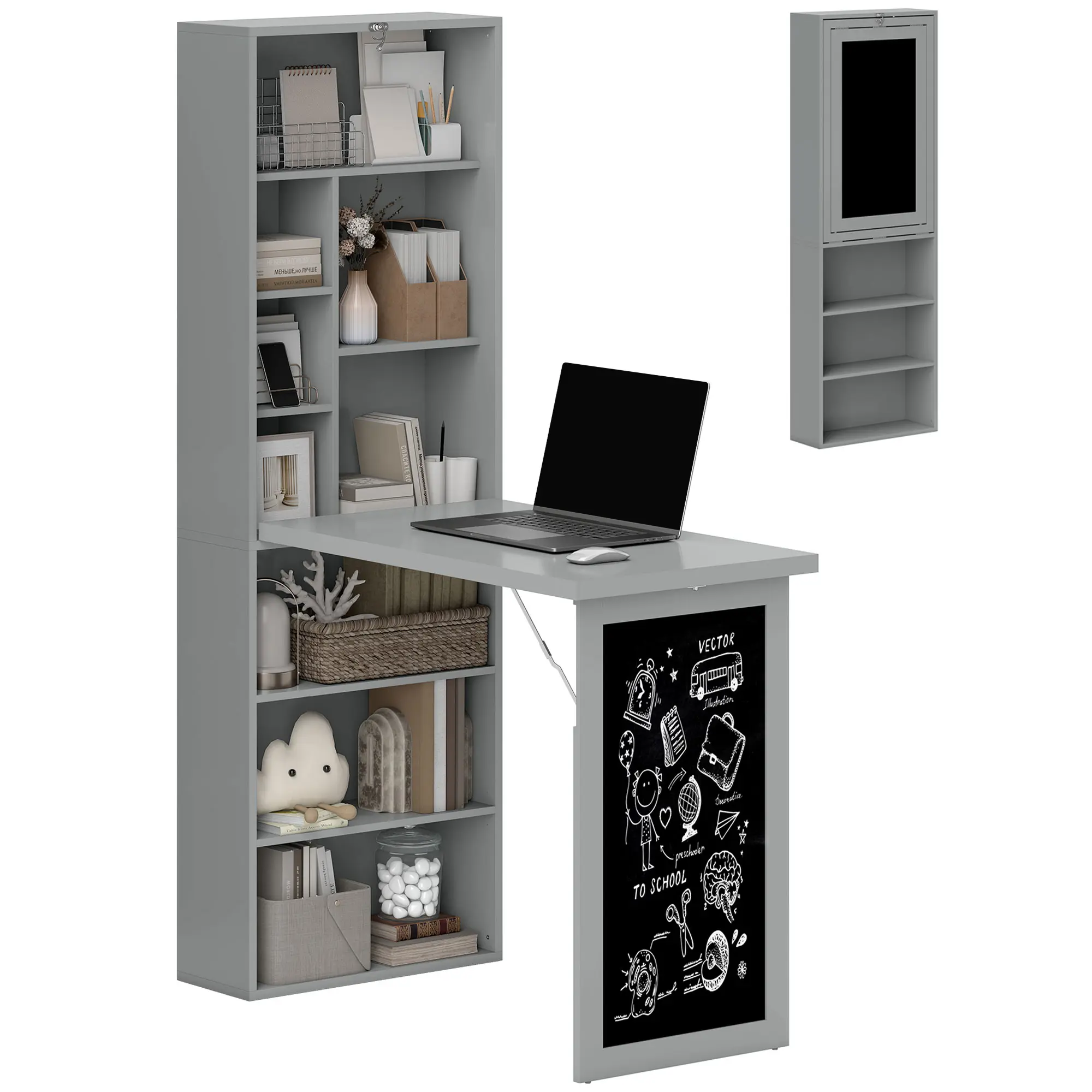 HOMCOM Foldable Convertible Writing Table, Wall Mounted Space-Saving Computer Desk with Chalkboard and Storage Shelves for Small Spaces, Home Office, Bedroom, Dorm, Apartment