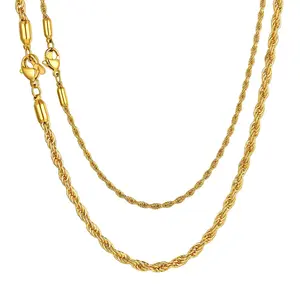 Men's 2mm 3mm Stainless Steel Twist Necklace, Vintage Cut Necklace with Lobster Clasp, 18-24 Inch, Unisex Rope Chain Beaded Jewelry, Men's Jewelry