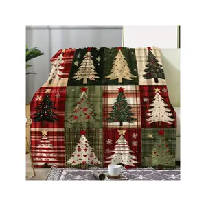 1Couont Vintage Tree Plaid Throw Blanket - Soft Knitted, GreenRedBeige Tartan With Cedar Pine Trees & Plaid Patterns, 280gsm All-Season Cozy Bedspread Sofa, Bed, Camping, Travel - Holiday Blanket, Bed Blanket,, Camping