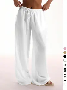 Women's Summer Boho Bohemian Pants, Casual Adjustable Drawstring Waist, Long Regular Fit, Beach Vacation, Party, Camping, Travel, Fashion Chic