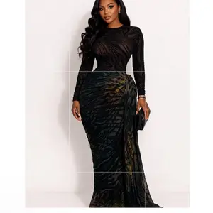 Elegant Jacquard Dress with Long Sleeves and Keyhole Neckline for Women