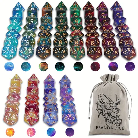CIARAQ 20x7 Pcs Glitter Polyhedral Dice Set - 140 Pcs Total, 56 Pcs Gold Accents, Mixed-Color Starry Sky Design, 12x7 Red Velvet Leather Pattern Bag, for Dungeons and Dragons RPG Tabletop Gaming, Birthday Gift for RPG Enthusiasts