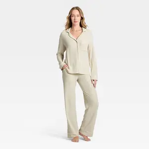Women's Cozy Ribbed Notch Collar Long Sleeve Shirt and Pants Pajama Set - Auden