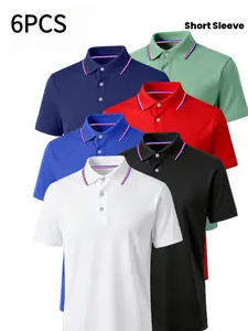 6-Pack Men's Casual Classic Colorblock Collared Short Sleeve Polo Shirts, Buttonless Business Polo Tops, Outdoor Sport Activewear Athletic Solid Menswear T-Shirts for All Seasons