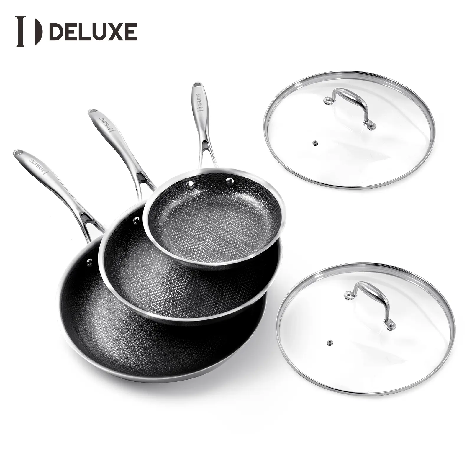 【Summerwins】 DELUXE Cookware Hybrid Nonstick Fry Pan Set, 5-Piece 8, 10, 12 Inch Frying Pan Set with Tempered Glass Lids, Ceramic Coating stainless steel cookware set