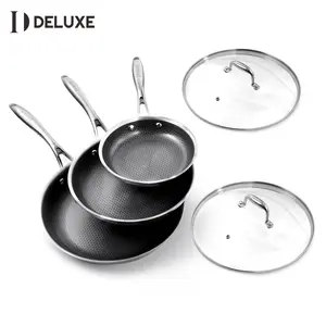 【Summerwins】 DELUXE Cookware Hybrid Nonstick Fry Pan Set, 5-Piece 8, 10, 12 Inch Frying Pan Set with Tempered Glass Lids, Ceramic Coating stainless steel cookware set