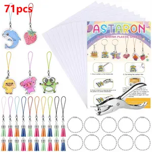 71pcs Heat-Shrinkable Plastic Sheets with Printable Shrinking Film - 10pcs A4 Blank Shrink Paper, Hole Punch & 40 Lanyards Suitable for Jewelry Making, Keychain Crafting, DIY Shrinking